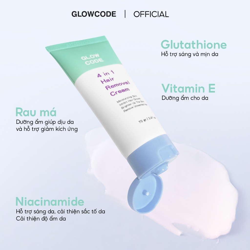 Kem tẩy lông GlowCode 4IN1 với Niacinamide và Vitamin E giúp lông mọc thưa, dưỡng ẩm và làm sáng da 70gr