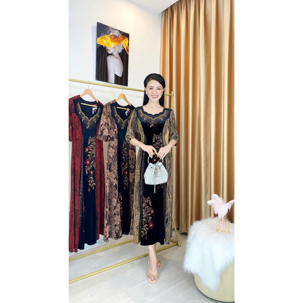 Đầm trung niên dạ tiêc cao cấp chất thun kim sa phối nhung ở giữa M504 quà tặng cho mẹ sang trọng Nhã Uyên Fashion