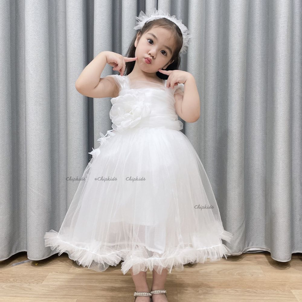 Váy Công Chúa Thiết Kế Hoa Ngực Siêu Đẹp - Đầm Công Chúa Cho Bé Gái Kèm Nơ