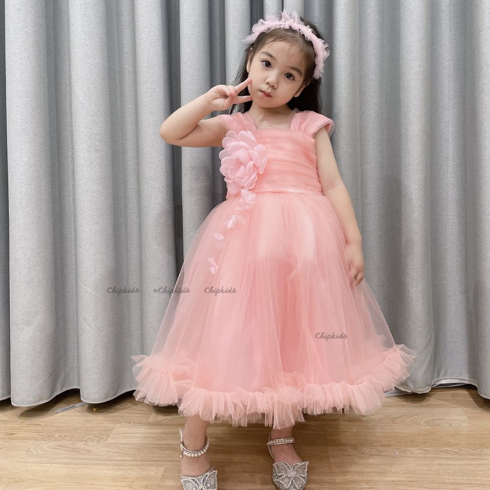 Váy Công Chúa Thiết Kế Hoa Ngực Siêu Đẹp - Đầm Công Chúa Cho Bé Gái Kèm Nơ