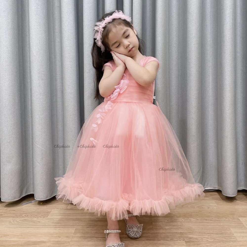 Váy Công Chúa Thiết Kế Hoa Ngực Siêu Đẹp - Đầm Công Chúa Cho Bé Gái Kèm Nơ