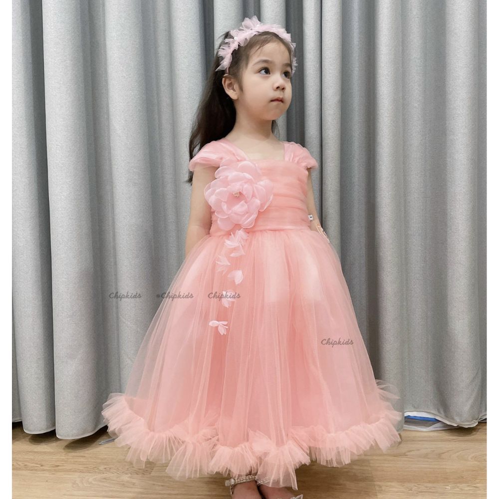 Váy Công Chúa Thiết Kế Hoa Ngực Siêu Đẹp - Đầm Công Chúa Cho Bé Gái Kèm Nơ