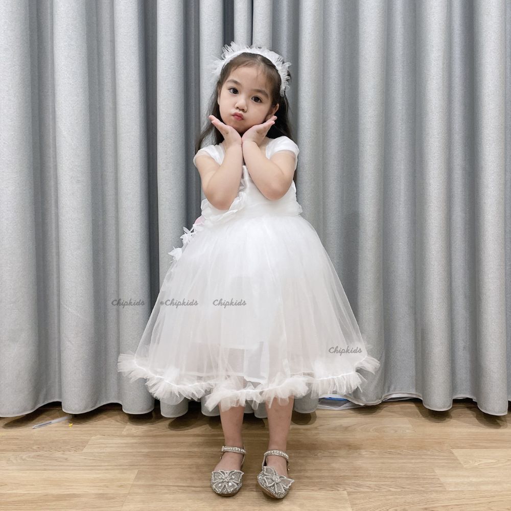 Váy Công Chúa Thiết Kế Hoa Ngực Siêu Đẹp - Đầm Công Chúa Cho Bé Gái Kèm Nơ