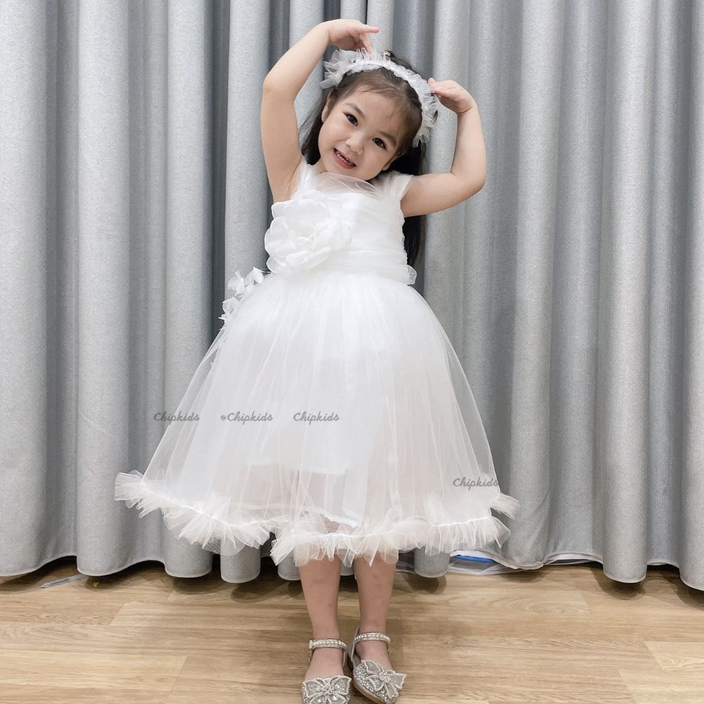 Váy Công Chúa Thiết Kế Hoa Ngực Siêu Đẹp - Đầm Công Chúa Cho Bé Gái Kèm Nơ