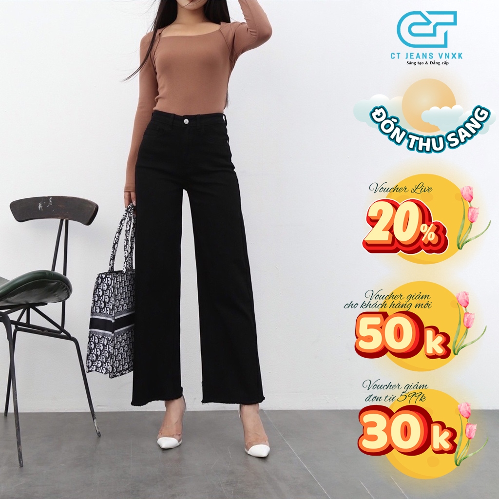 Quần jean ống rộng gấu tua basic 2 màu đen trắng CP06, CT JEANS