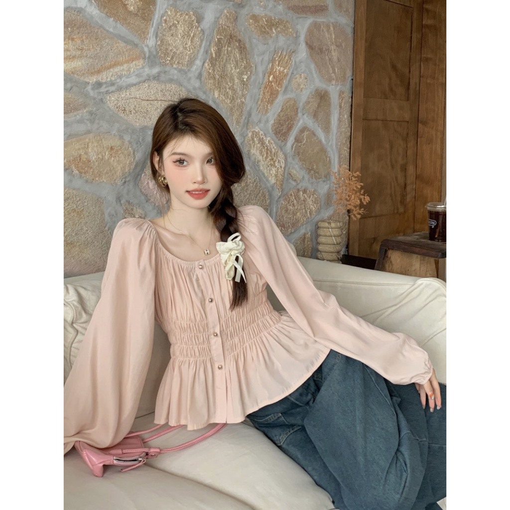 Áo sơ mi kiểu nữ viền nút trơn thanh lịch