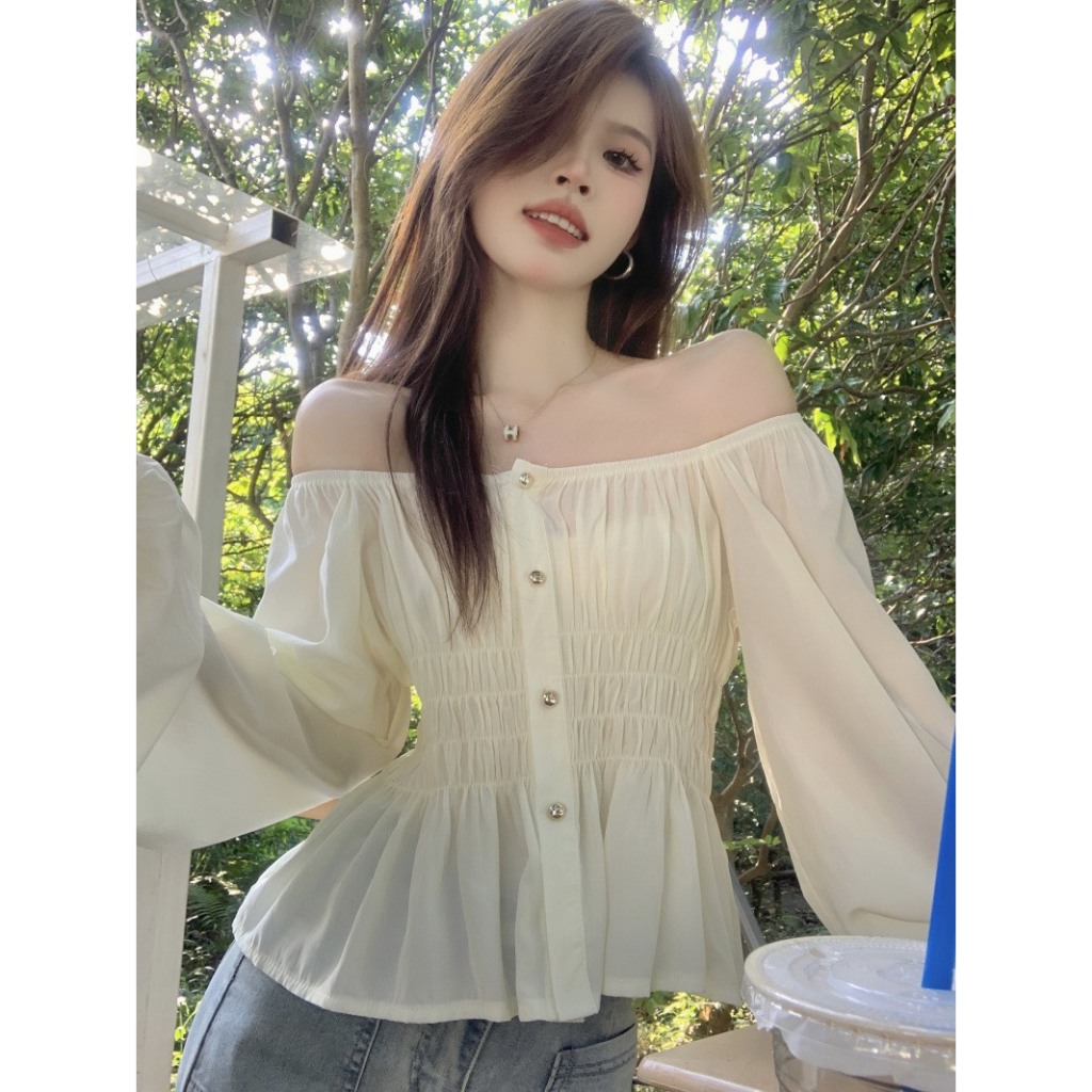 Áo sơ mi kiểu nữ viền nút trơn thanh lịch