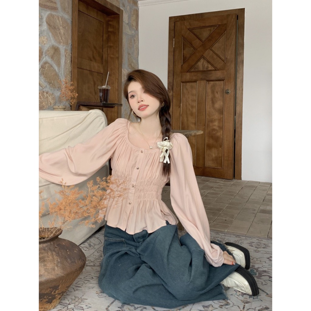 Áo sơ mi kiểu nữ viền nút trơn thanh lịch