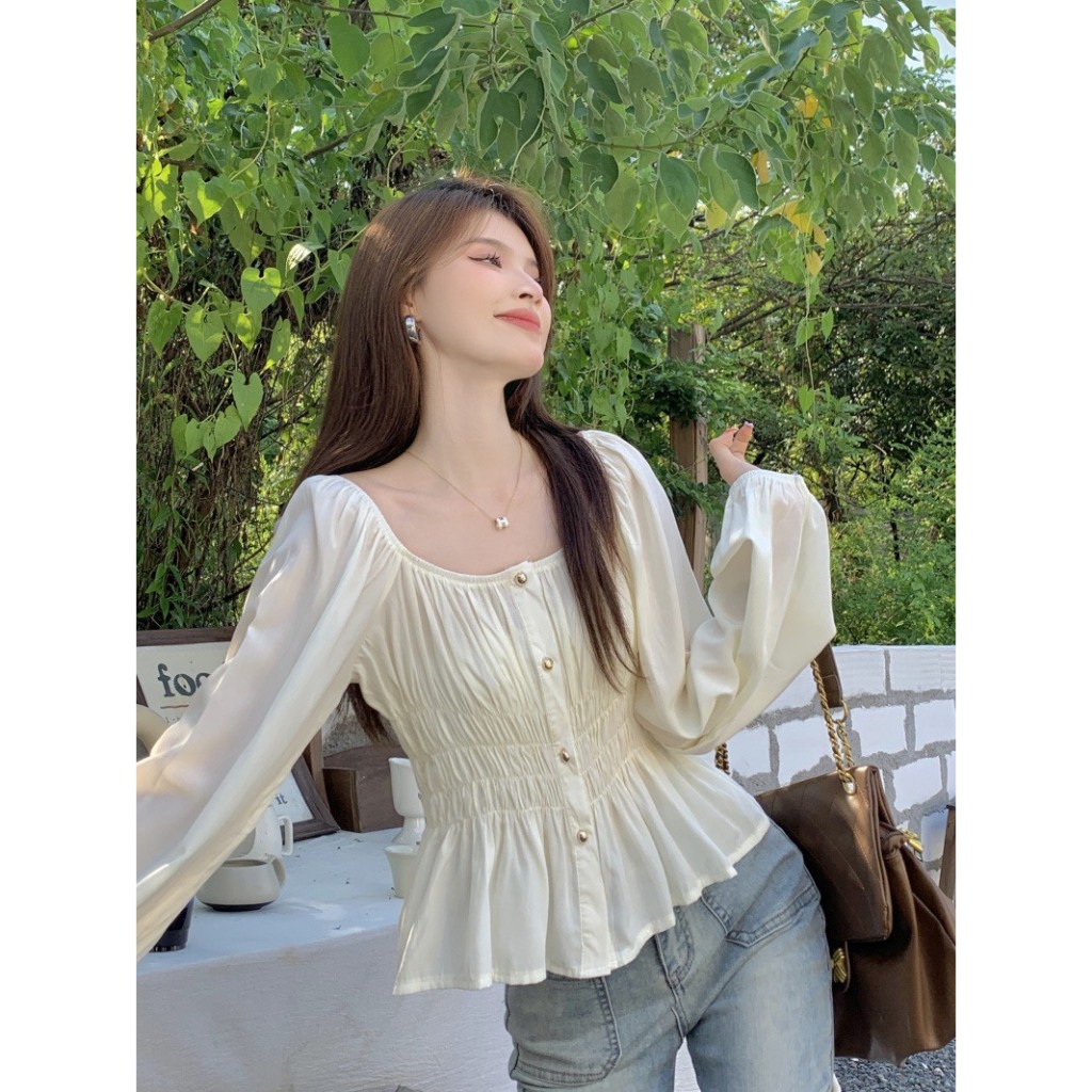 Áo sơ mi kiểu nữ viền nút trơn thanh lịch