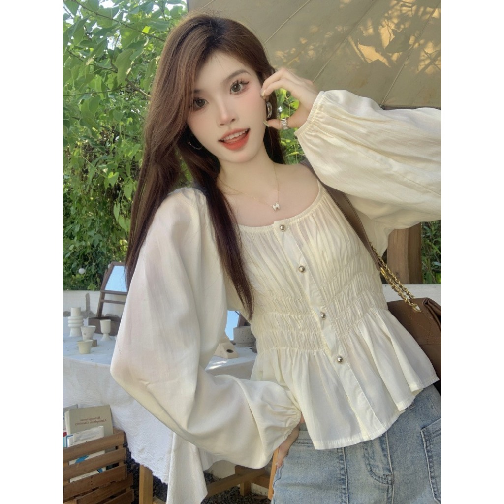Áo sơ mi kiểu nữ viền nút trơn thanh lịch
