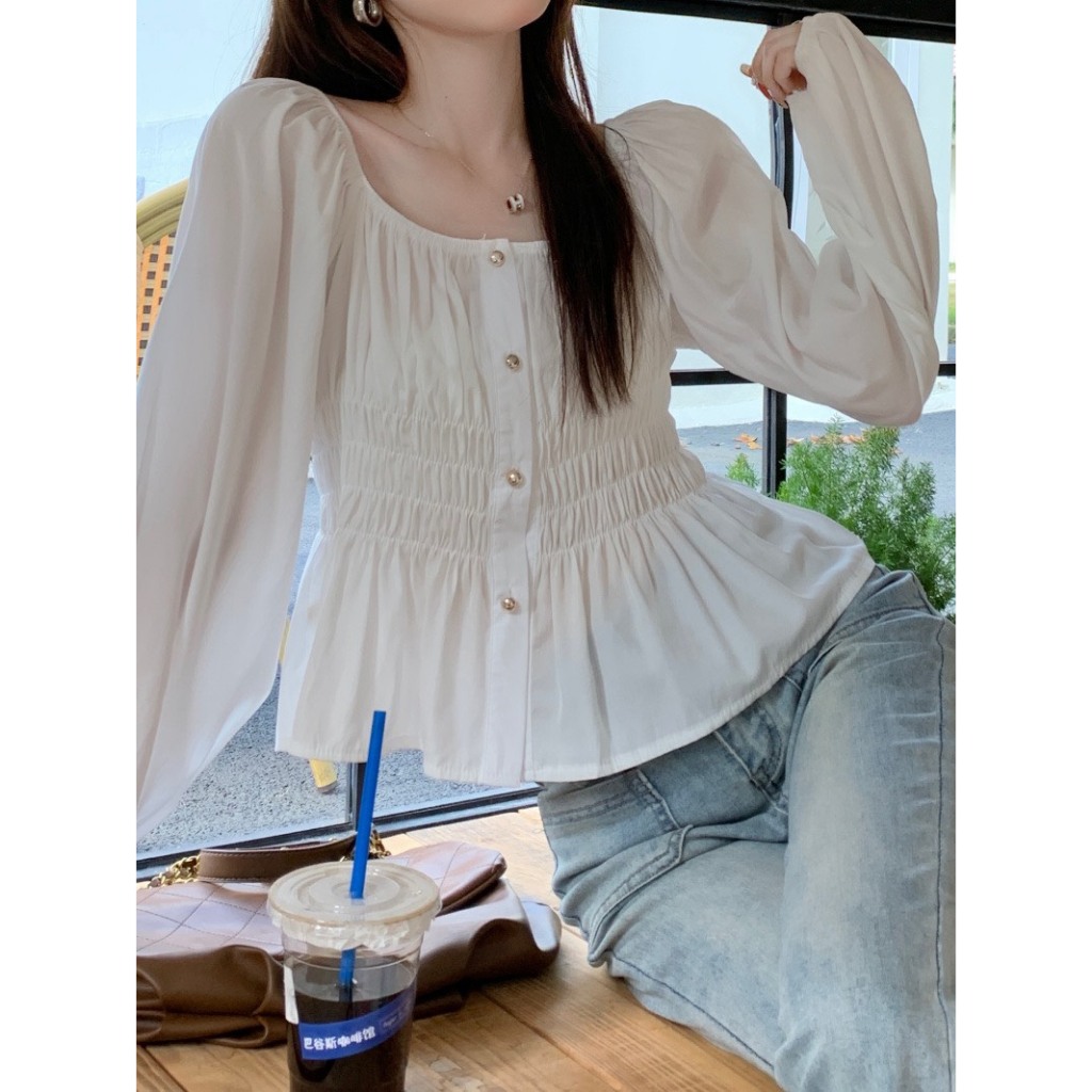 Áo sơ mi kiểu nữ viền nút trơn thanh lịch