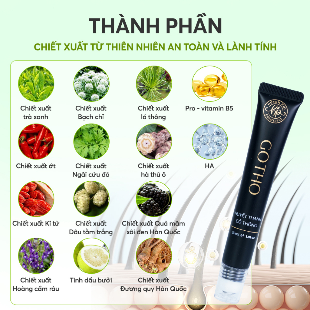 Lăn Mọc Tóc Gotho HUYỀN PHI Chính Hãng 30ml Tặng Detox Da Đầu Kích Thích Mọc Tóc Dưỡng Chân Mày