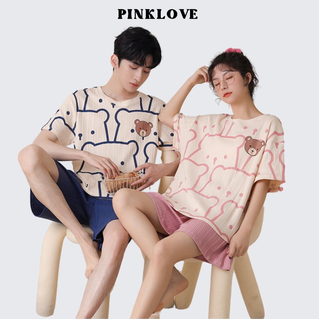 Bộ đồ ngủ đôi nam nữ mặc nhà ngắn tay mùa hè cổ tròn PINKLOVE nhiều hình dễ thương vải cotton đẹp P076