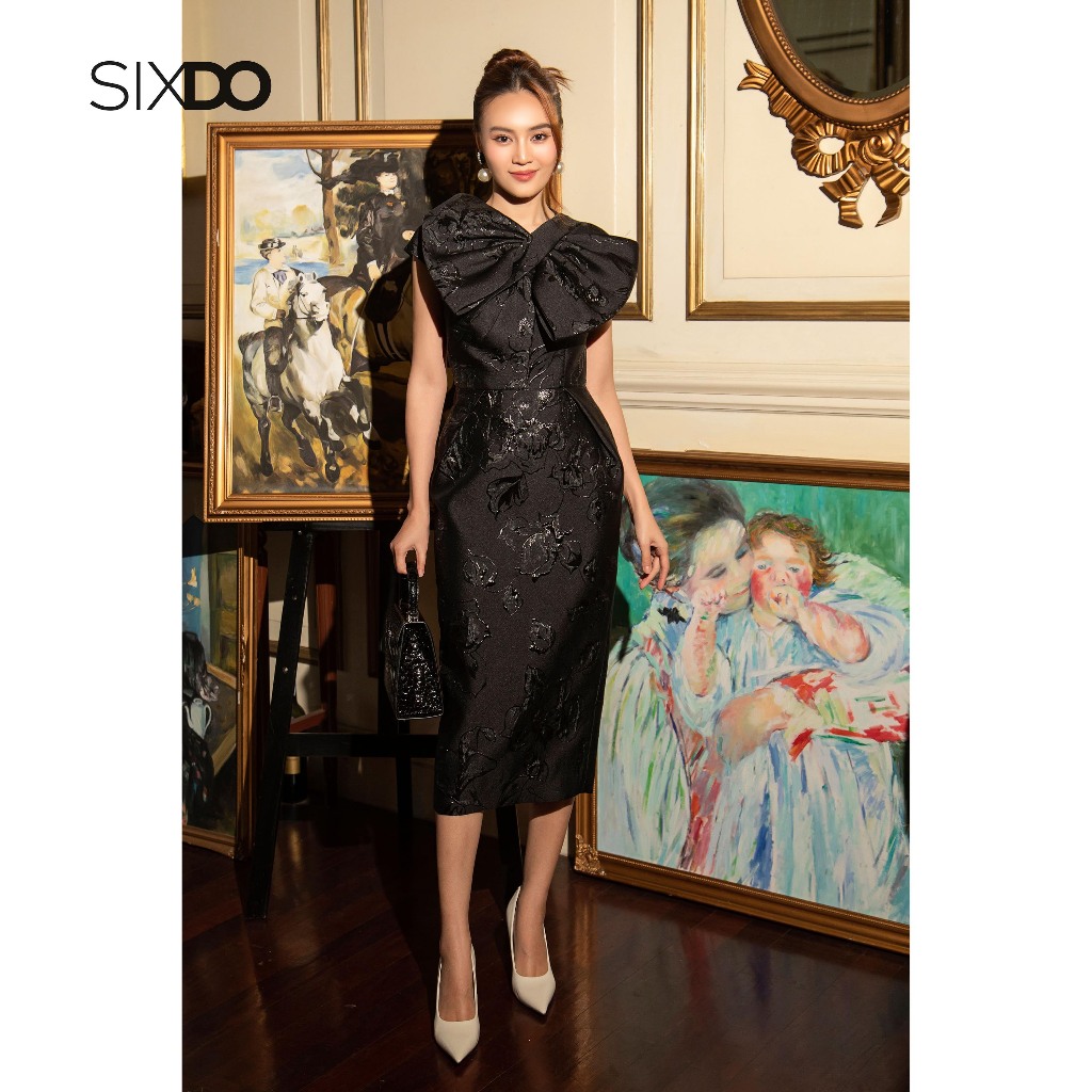 Đầm gấm cổ nơ tạo kiểu dáng bút chì SIXDO (Black Bowtie Midi Brocade Dress)