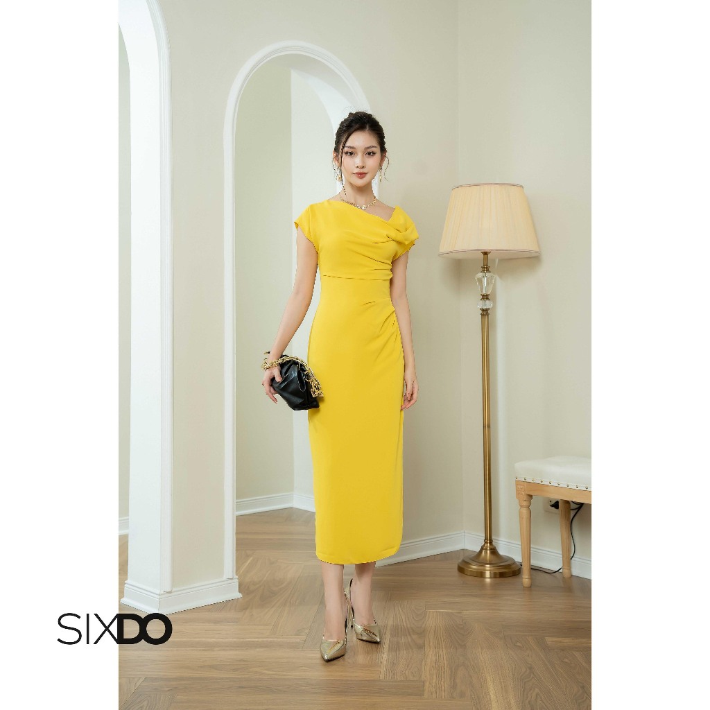 Đầm midi lệch vai dáng bút chì SIXDO (Boatneck Midi Silk Dress)