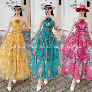Đầm cổ yếm dáng dài hở lưng đi chơi du lịch Nahouse maxi đi biển váy yếm voan xòe tầng thiết kế đẹp xinh xịn sang trọng