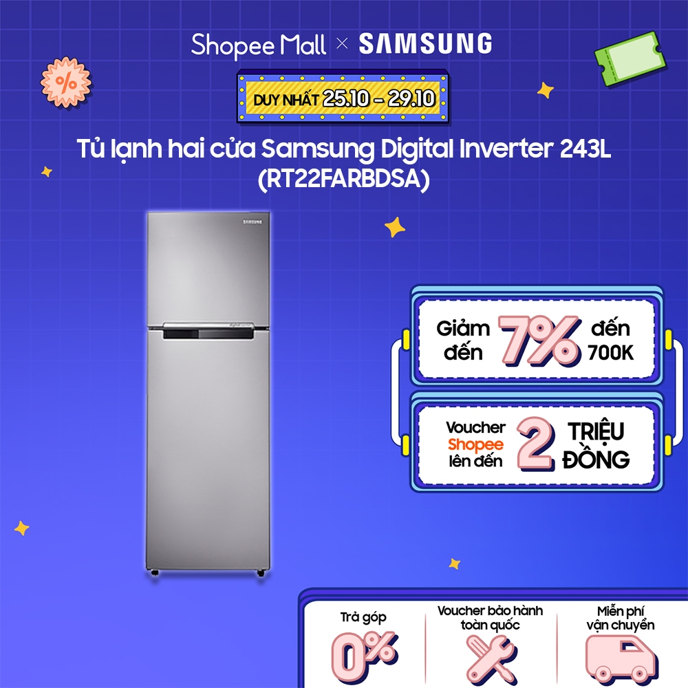 Tủ lạnh hai cửa Samsung Digital Inverter 243L RT22FARBDSA