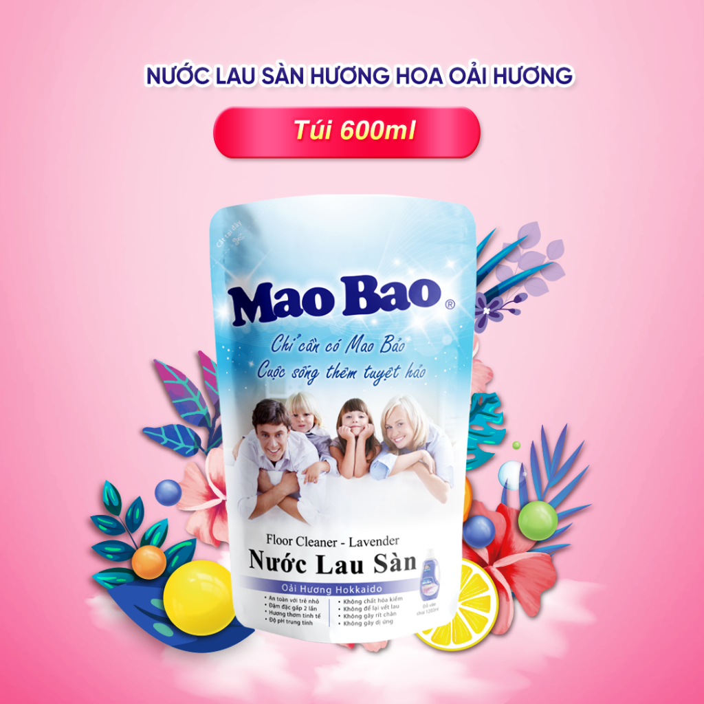 Nước Lau Sàn Mao Bao Hương Oải Hương túi 600ml sạch nhanh sáng bóng, không rít chân, an toàn cho da