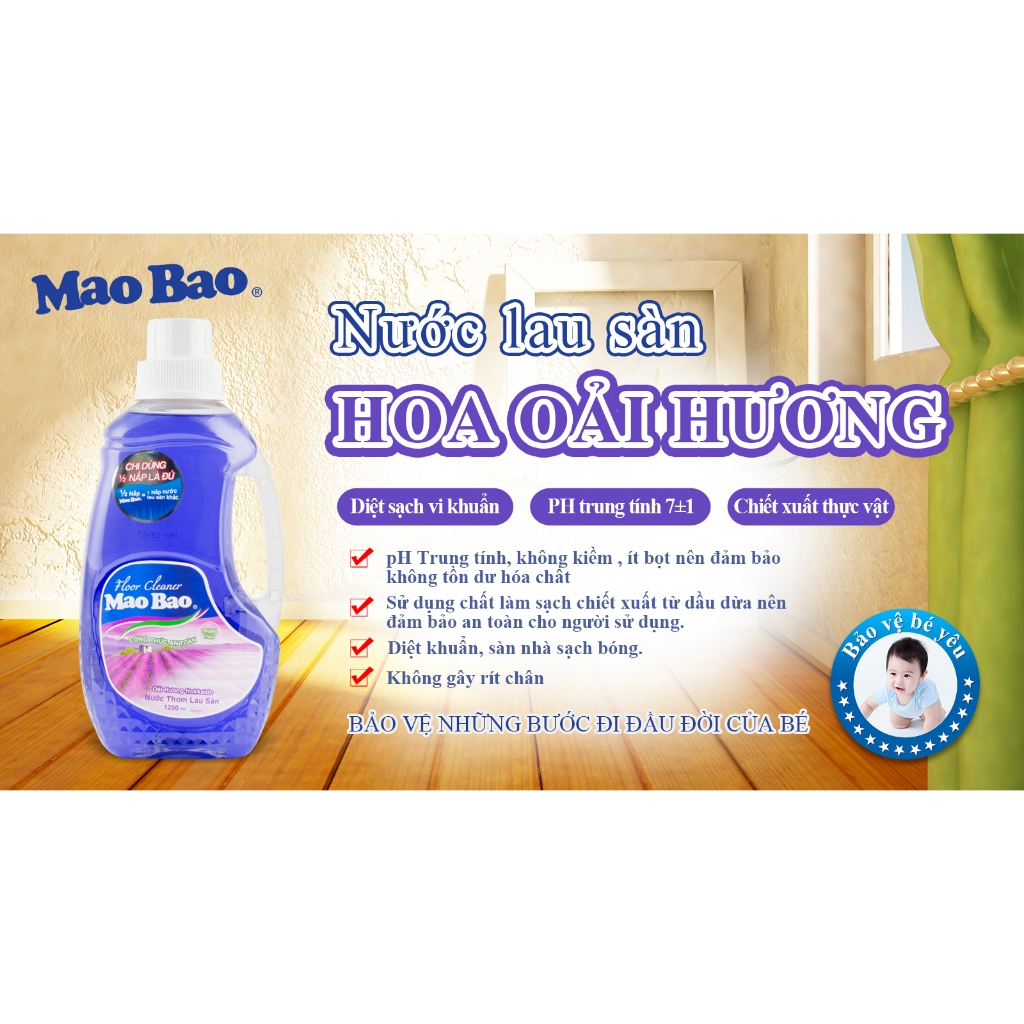 Nước Lau Sàn Mao Bao Hương Oải Hương túi 600ml sạch nhanh sáng bóng, không rít chân, an toàn cho da