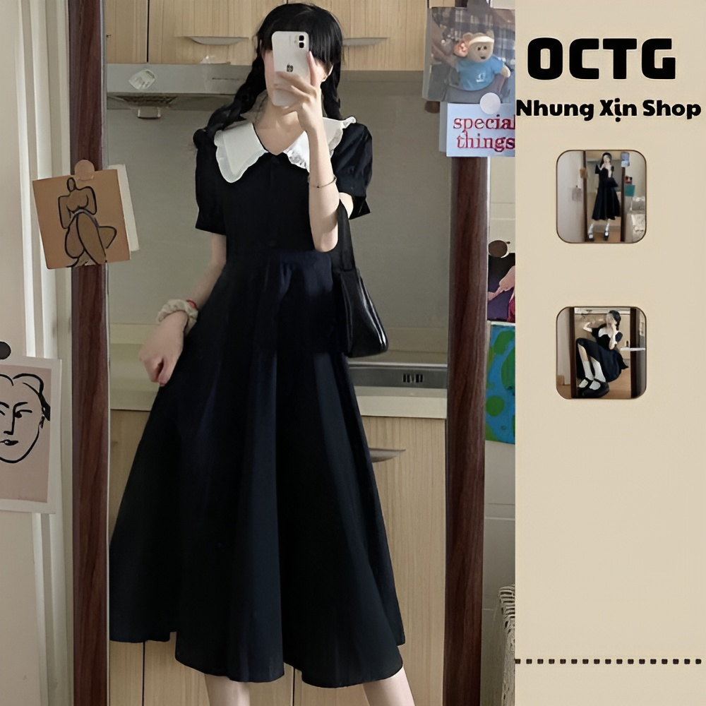 Váy búp bê Babydoll dáng dài tay ngắn thiết kế cổ Pháp siêu đẹp