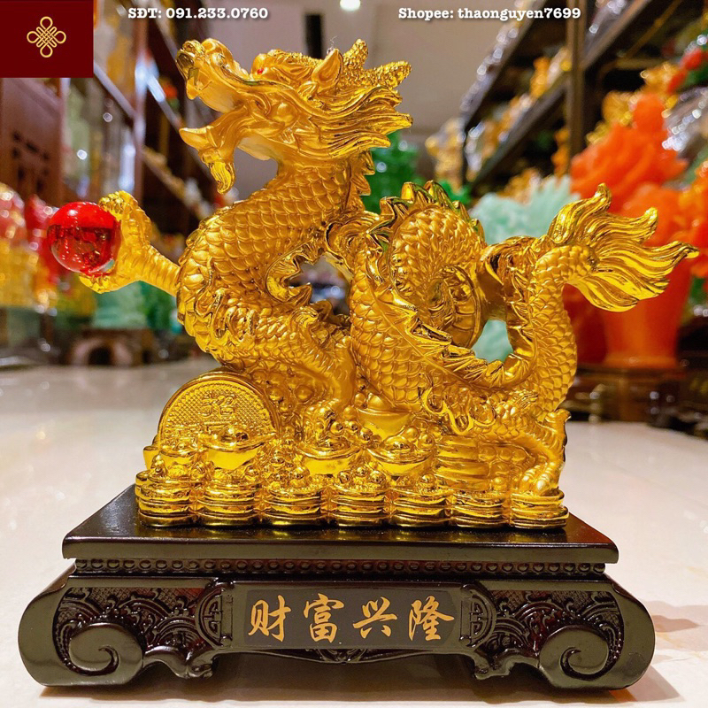 Tượng rồng nhả hồng ngọc phong thuỷ màu vàng bóng