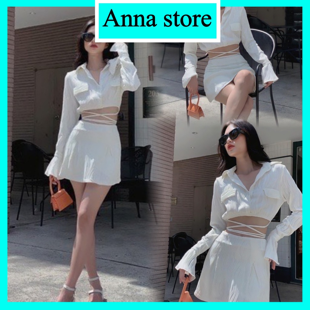 set váy nữ ngắn áo tay dài quấn dây eo sexy chất xốp nổi M432