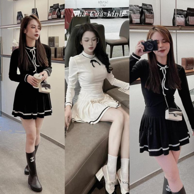 Set áo tiểu thư chân váy xoè chất thun tăm Hot thu đông 2023, 2 màu siêu xinh
