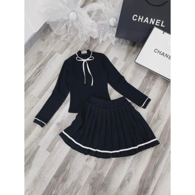 Set áo tiểu thư chân váy xoè chất thun tăm Hot thu đông 2023, 2 màu siêu xinh