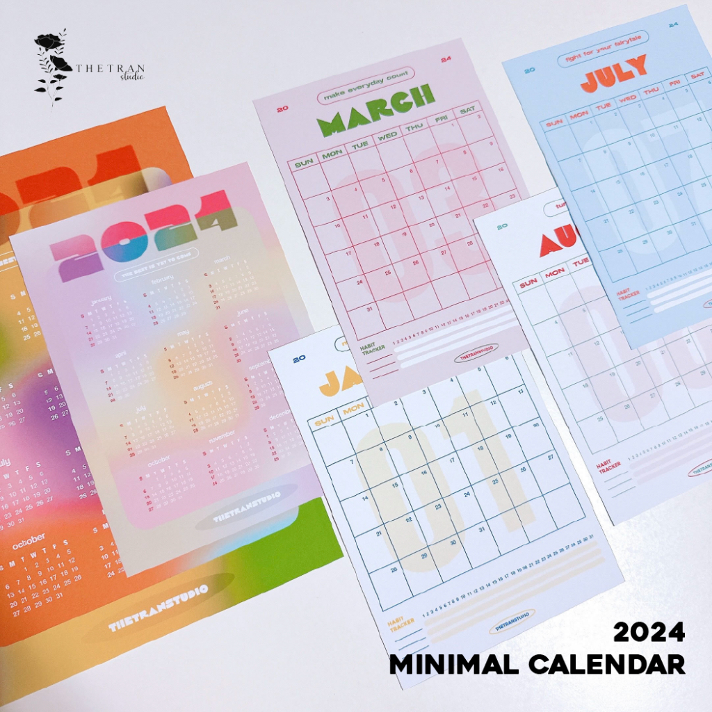 Lịch 2024 kế hoạch dán tường tối giản / 2024 minimal calendar / thetranstudio