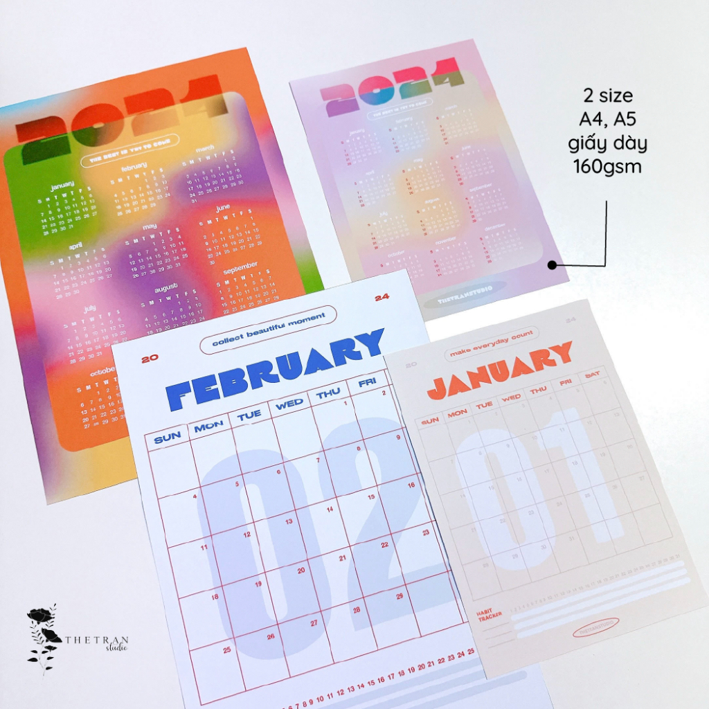Lịch 2024 kế hoạch dán tường tối giản / 2024 minimal calendar / thetranstudio