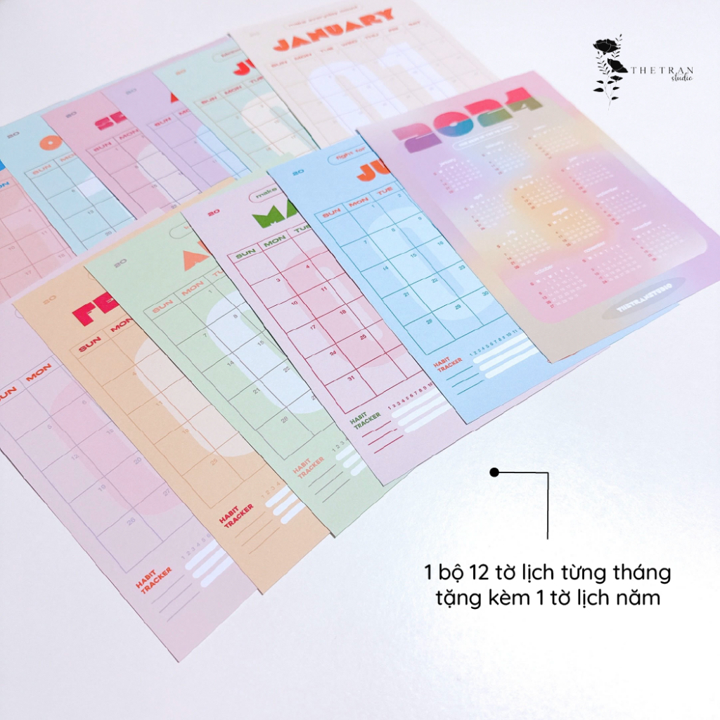 Lịch 2024 kế hoạch dán tường tối giản / 2024 minimal calendar / thetranstudio