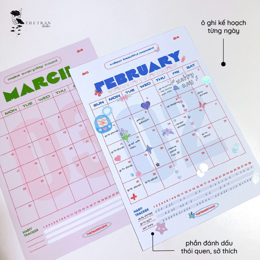 Lịch 2024 kế hoạch dán tường tối giản / 2024 minimal calendar / thetranstudio