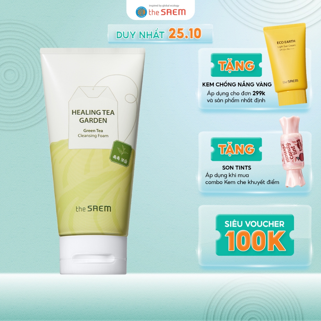 Sữa Rửa Mặt Dành Cho Da Mụn Trà Xanh the SAEM Healing Tea Garden Green Tea Cleansing Foam