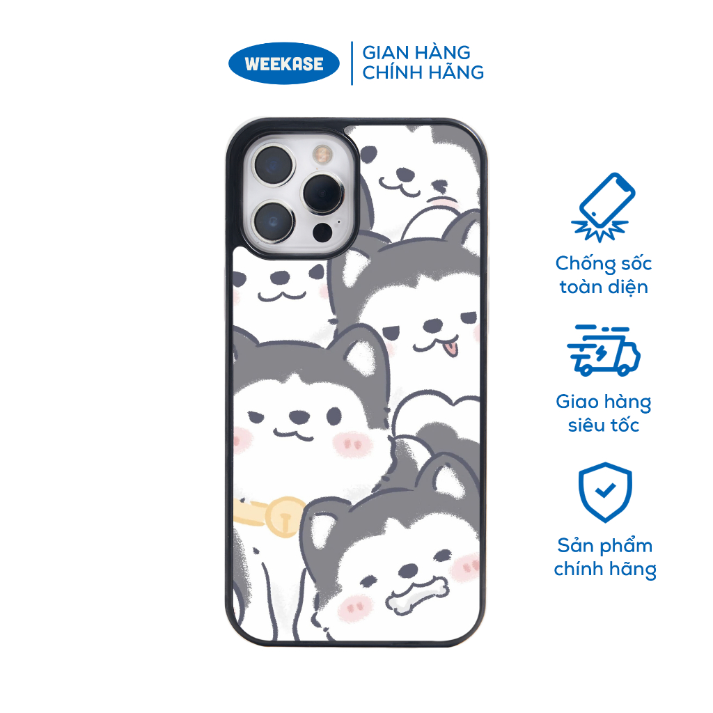 Ốp lưng iPhone viền đen, trắng chống sốc chống va đập Weekase in hình Husky Đáng Yêu - Màu in cực bền