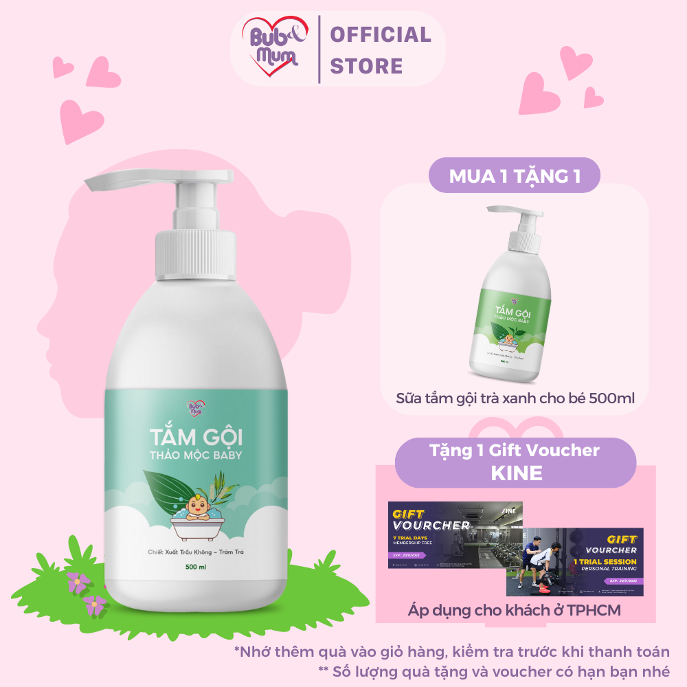 Sữa Tắm Gội Cho Bé Sơ Sinh BuB&MuM 500ML Chiết Xuất Thảo Dược Thiên Nhiên Trầu Không - Tràm Trà