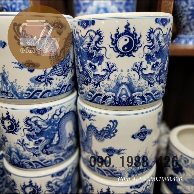 Bát hương họa tiết rồng men trắng phong thủy bày bàn thờ gia tiên đủ kích thước gốm ALL Bát Tràng hàng đẹp