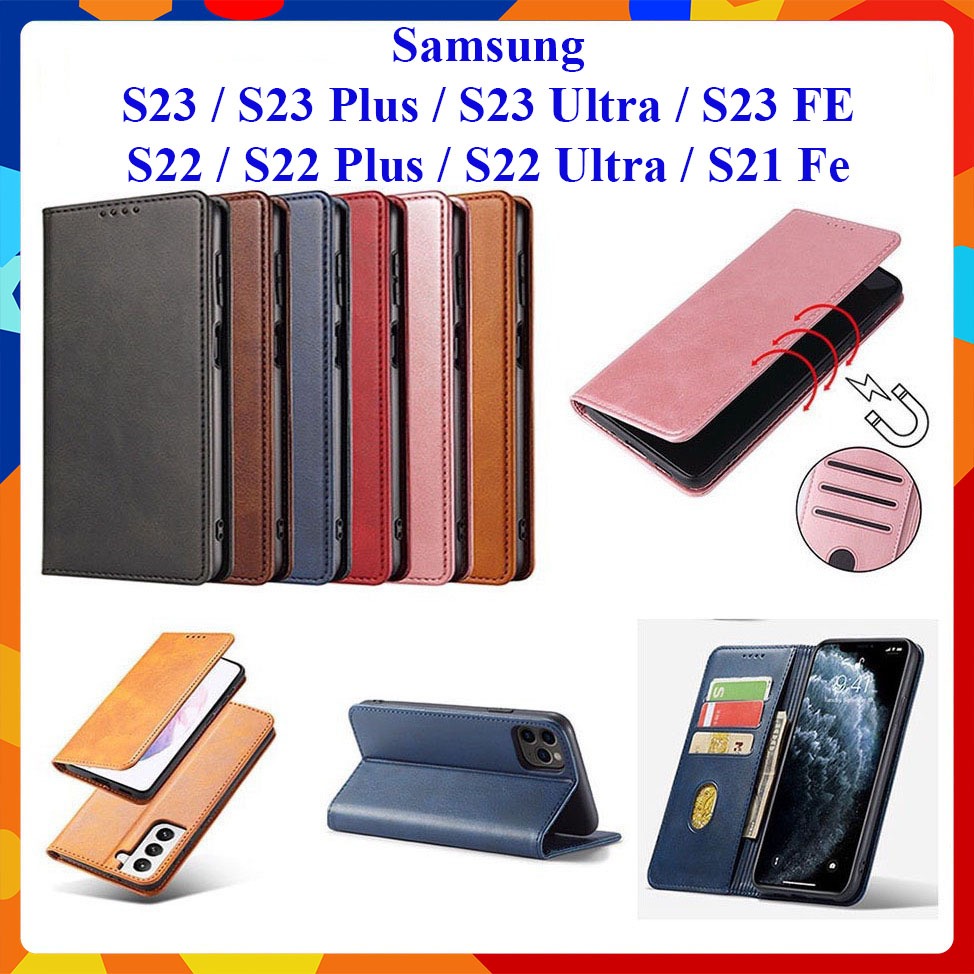 Bao da dạng ví Samsung S23, S23 Plus, S23 Ultra, S23 Fe, S22, S22 Plus, S22 Ultra, S21 Fe có nắp gập, ngăn đựng thẻ tiền