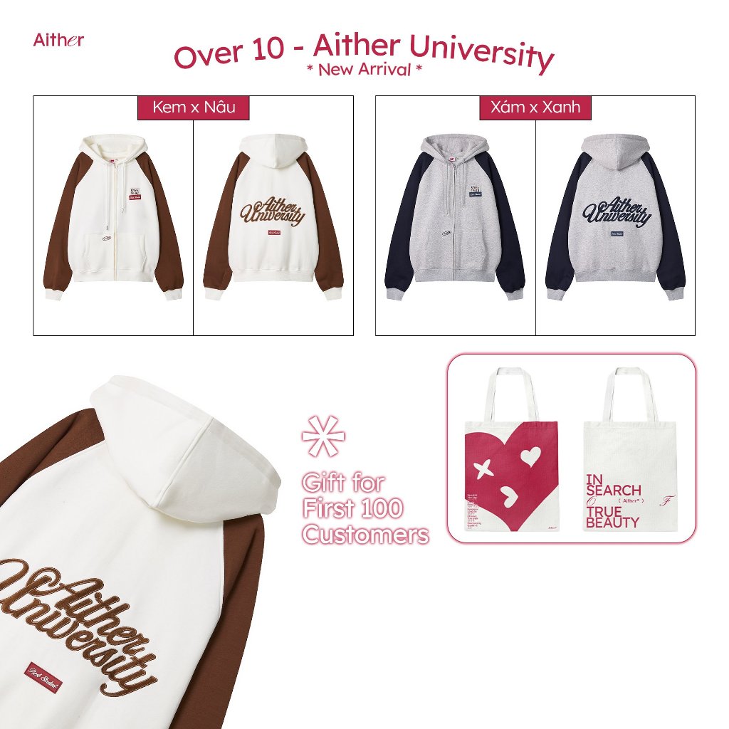 AITHER STUDIO Áo khoác Hoodie Zip Over Ten thêu logo thương hiệu