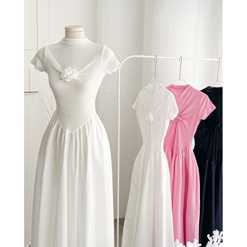 ĐẦM MAXI CỔ CAO DÚM HOA CHÂN THÔ TAY NGẮN