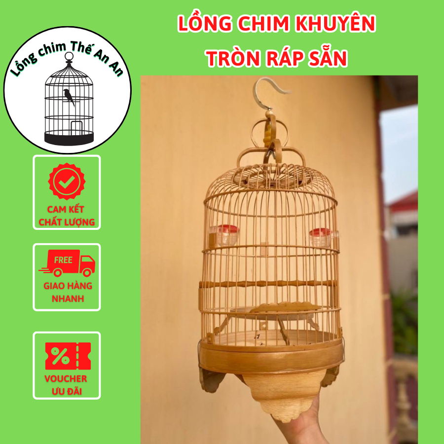 Lồng chim khuyên chất liệu trúc trắng, sàn phóc, lồng tròn khuyên đủ phụ kiện - Lồng Chim Tự Ráp Thế An