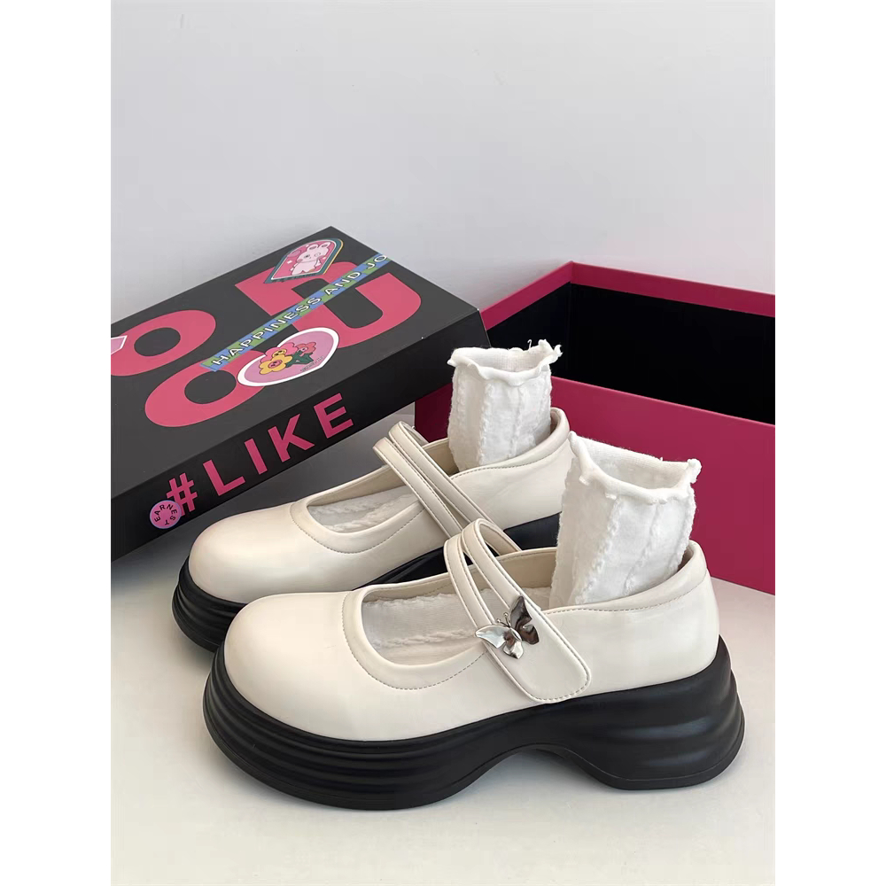 Giày Mary Jane Nữ MOTBIM Ulzzang Đế Bằng Cao 5cm búp bê Lolita cute quai cài màu đen/kem mới xinh đẹp mũi tròn hot
