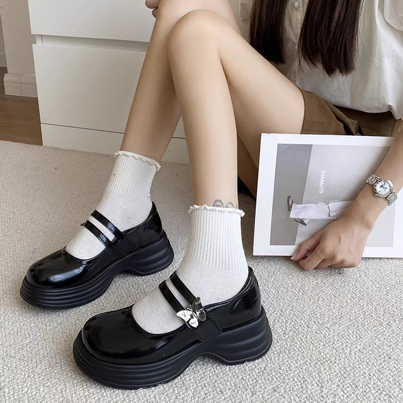 Giày Mary Jane Nữ MOTBIM Ulzzang Đế Bằng Cao 5cm búp bê Lolita cute quai cài màu đen/kem mới xinh đẹp mũi tròn hot