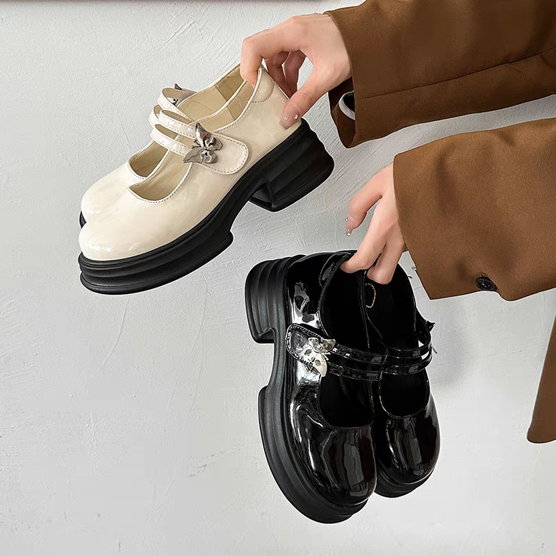 Giày Mary Jane Nữ MOTBIM Ulzzang Đế Bằng Cao 5cm búp bê Lolita cute quai cài màu đen/kem mới xinh đẹp mũi tròn hot