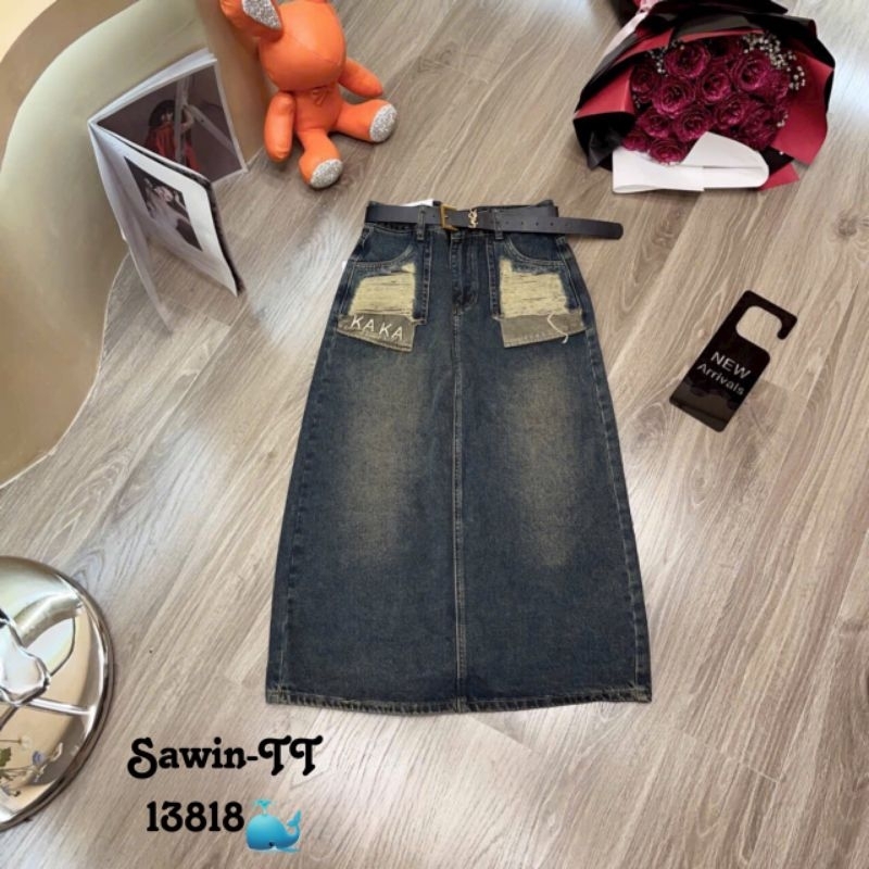 Chân váy jeans dài lộ túi KAKA kèm đai hàng QCL1