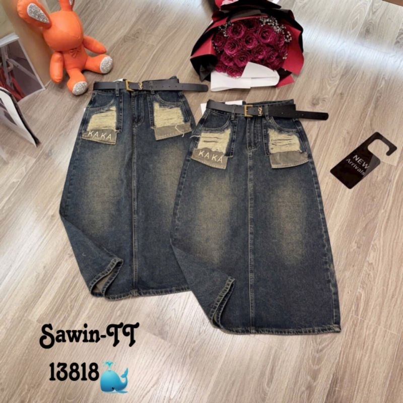 Chân váy jeans dài lộ túi KAKA kèm đai hàng QCL1