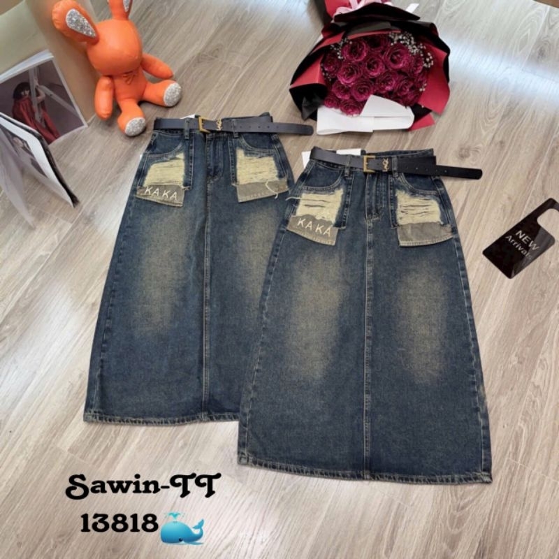Chân váy jeans dài lộ túi KAKA kèm đai hàng QCL1
