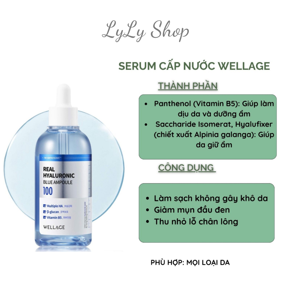 Tinh Chất Dưỡng Ẩm Wellage Real Hyaluronic Blue Ampoule 100, Serum phục hồi căng bóng, phục hồi da săn chắc Lylyshop