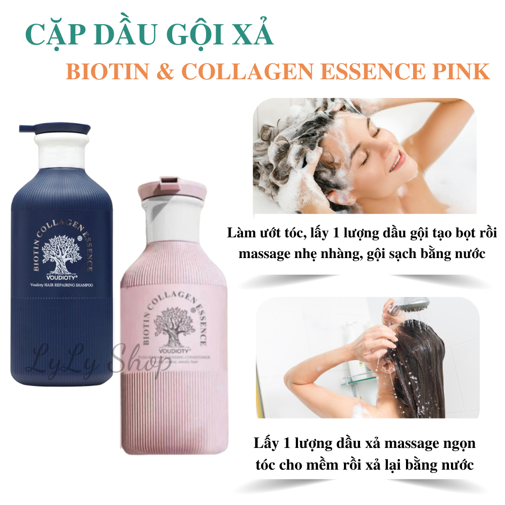 Cặp Dầu Gội Xả Biotin Collagen Voudioty Essence Hương nước hoa, phục hồi tóc hư tổn, giúp tóc suôn mượt tự nhiên 500ml