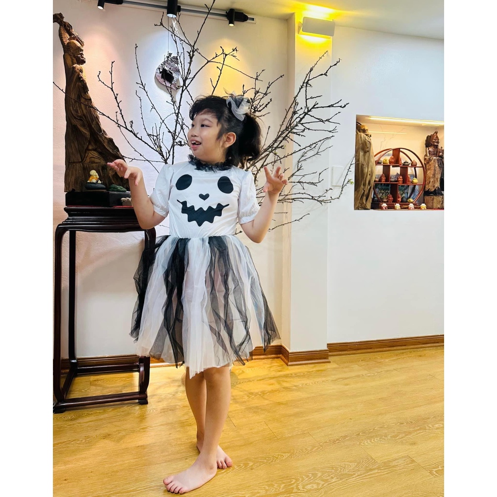 Bộ váy, đầm có nơ kẹp tóc hóa trang Halloween Ghost Girl cho bé gái