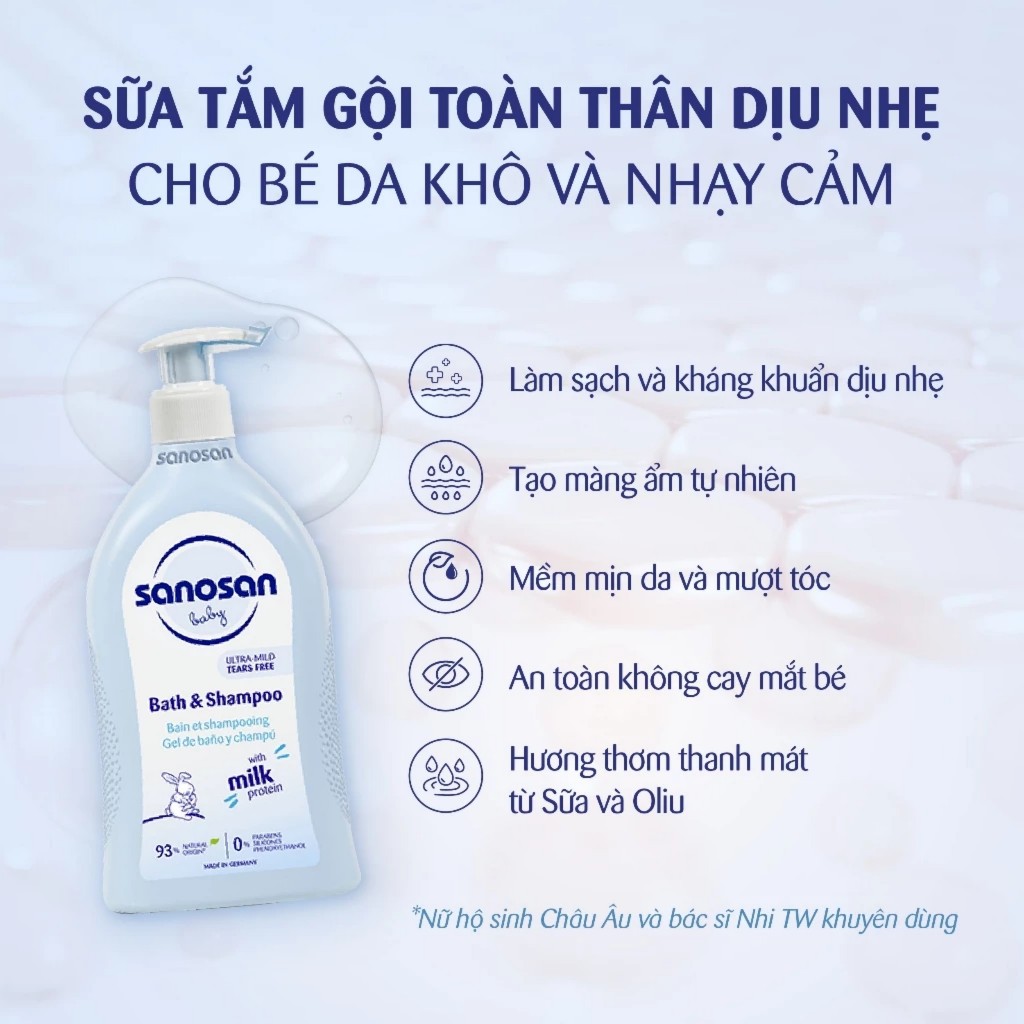 Sữa tắm gội dịu nhẹ Sanosan chiết xuất olive hữu cơ dung tích 200ml/500ml